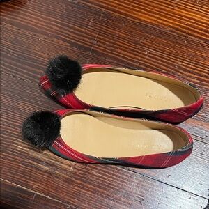 Plaid Women's Flats with Black Pom Pom